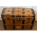 Antique Pitch Pine Ships Trunk, Iron Bound, Leather Carry Handles