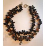 Vintage Double String Smokey Quartz / Amber Necklace with Silver Clasp