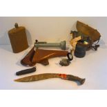 Various WW1 and WW2 Items including a Kukri knife, Compass, Santon Signalling Torch, etc.