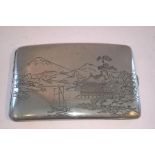 Vintage Silver On Copper Cigarette Case Engraved with Japanese Mountain and Lake Scenes