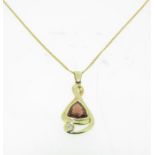 9ct Yellow Gold Garnet and Diamond pendant with flat curb chain