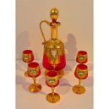 Victorian Ruby Glass Decanter + 5 Liquer Glasses Heavily Gilded