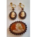 Edwardian Cameo Brooch + Earring Set, Gold Metal Surround