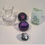 Three Caithness Glass Paperweights + Two Vases