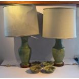 Pair Vintage Thai Celadon Table Lamps together with 4 Thai Matching Candle Holders