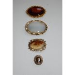 Four 19th C. Gold Metal Brooches Set Agate, One Set Hand Painted Enamel Portrait