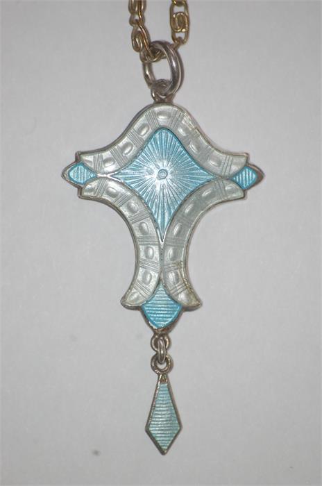 J. Aitken & Sons, Birmingham, 1915, Art Nouveau Silver & Guilloche Enamel Pendant on Original Chain