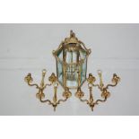 Regency Style Brass Glazed Ceiling Lantern Together With Four Brass Wall Sconce
