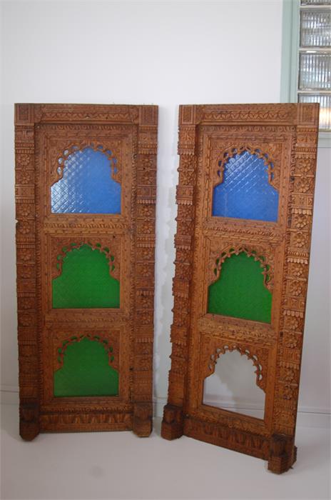 Pair Early 20th C. Indian Carved Wood Windows With Coloured Glass Panes