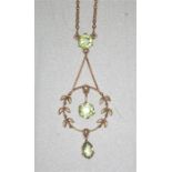 Fine Victorian 9ct Gold Pendant Set Peridot and Seed Pearl on Fine Gold Chain