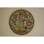 19th C. Hand Painted Circular Persian Tile / Plaque Depicting A Jumping Gazelle / Deer and Flowers