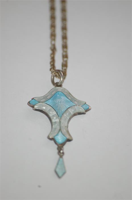 J. Aitken & Sons, Birmingham, 1915, Art Nouveau Silver & Guilloche Enamel Pendant on Original Chain - Image 7 of 8