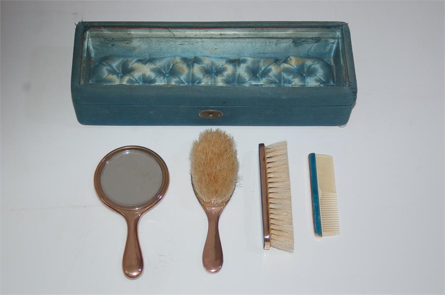 Late 19th Early 20th C. Gold Plate and Blue Enamel Dressing Table Set and Box - Image 2 of 8