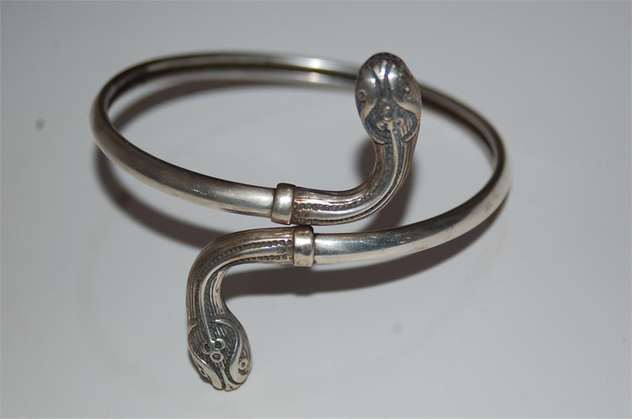 19th / 20th Century Greek Silver Double Headed Snake Asp / Arm Band / Bangle - Image 2 of 2