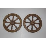 Pair 19th C. Iron Clad and Copper Bound Small Eight Spoke Wagon Wheels