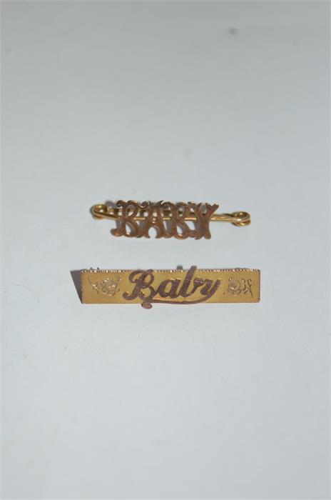 Two Gold Metal 'BABY' Brooch One Marked 9ct