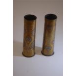Pair WW1 Cairoware Shell Cases, Silver & Copper Inlaid on Brass