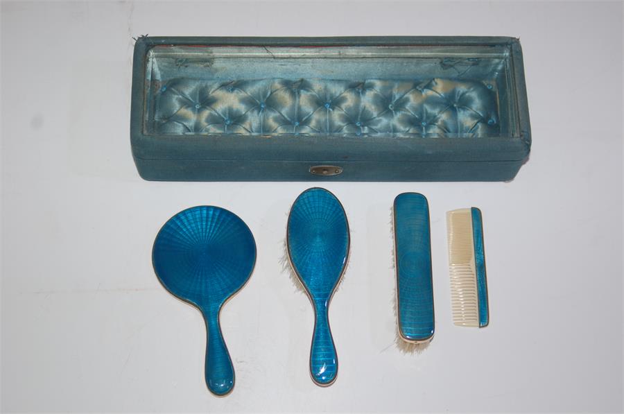 Late 19th Early 20th C. Gold Plate and Blue Enamel Dressing Table Set and Box - Image 6 of 8