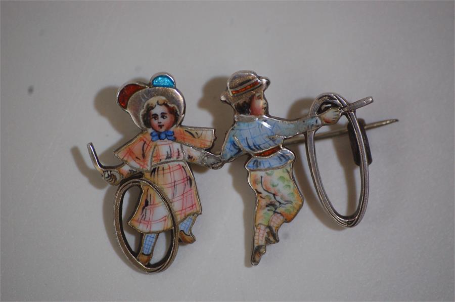 19th Century French Enamel DEPOSE Silver 900 Brooch, Two Children Trundling Hoops