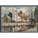 Framed Watercolour on Board, View of a Norman Church