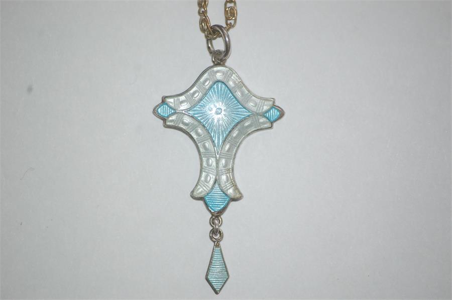 J. Aitken & Sons, Birmingham, 1915, Art Nouveau Silver & Guilloche Enamel Pendant on Original Chain - Image 2 of 8