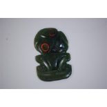 Early Maori Tiki or Heitiki Greenstone Pendant With Red Sealing Wax Eyes, Excellent Condition