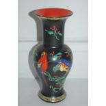 Early 20th C. Carlton Ware Hand Painted Vase, Parrots Over Black Glaze With Border