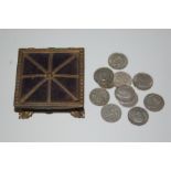 11 Silver Threepence Pieces George V and George VI Era Contained Within Edwardian Brass Trinket Box