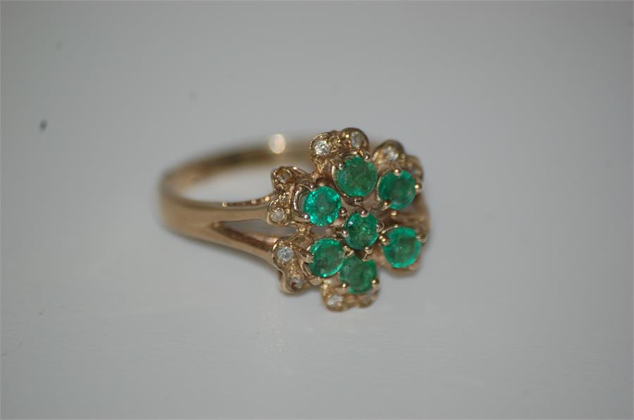 9ct Gold Dress Ring Set Emeralds Surrounded by Diamonds Size M