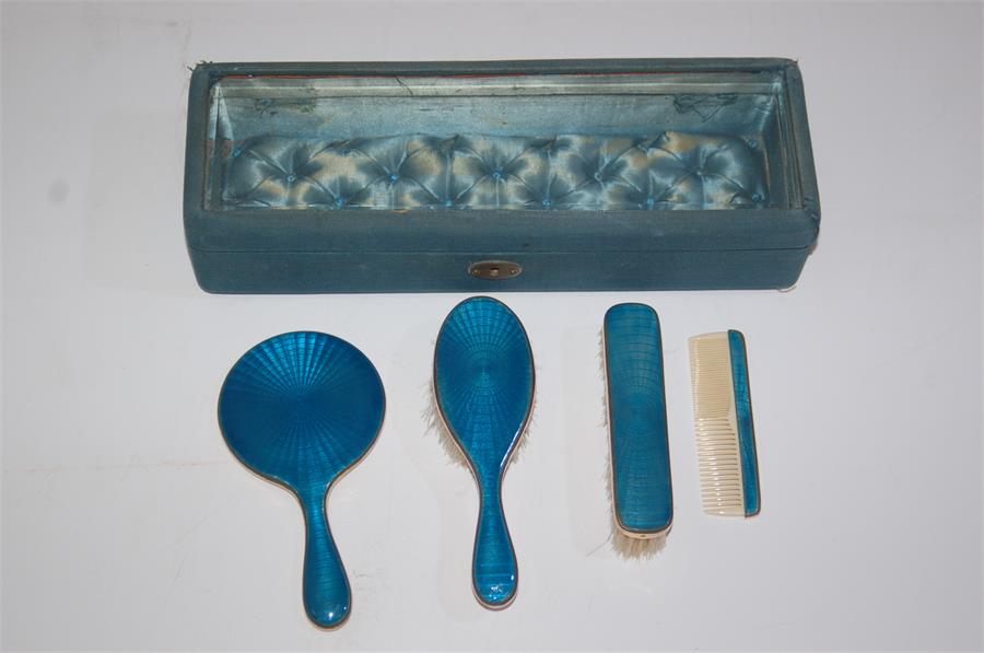 Late 19th Early 20th C. Gold Plate and Blue Enamel Dressing Table Set and Box - Image 7 of 8