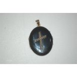 Victorian Gold Metal / Black Enamel Mourning Locket, Front With a Cross Set Seed Pearls