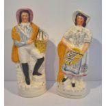 Pair Victorian Staffordshire Pottery Figurines of Fisherman (a/f) and Fisherwoman