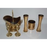 Victorian Brass Coal Scuttle, Two Georgian Brass Candlesticks, Three Brass Trench Art Items