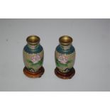 Pair Small Cloisonne Vases On Turned wooden Bases