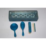 Late 19th Early 20th C. Gold Plate and Blue Enamel Dressing Table Set and Box