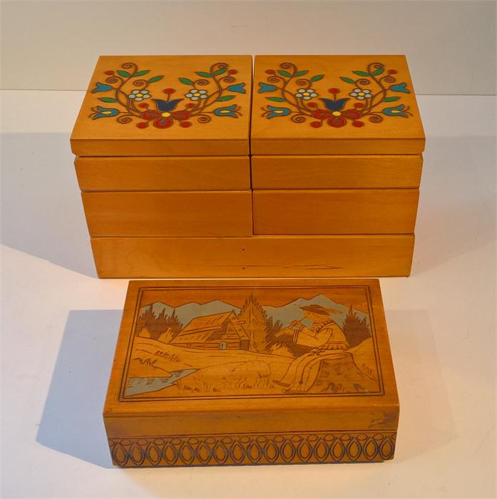 Two Vintage Polish 'Zakopane' Burnt Wood Boxes