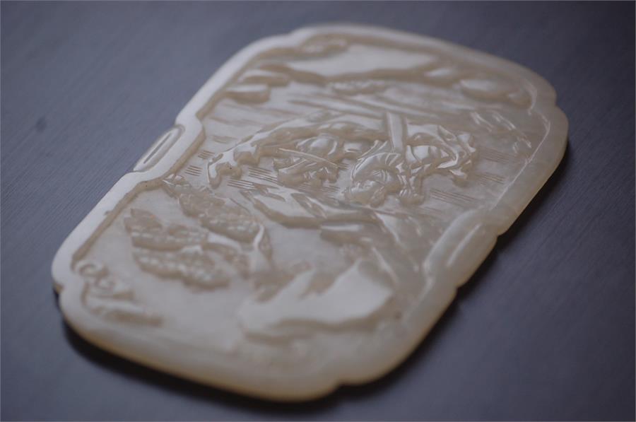 19th Century or earlier Chinese White Jade Carved Plaque Depicting a Boat Scene