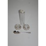 Pair Silver Rimmed Cut Glass Salts, Silver Topped Glass Jar and Silver Spoon.