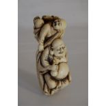 19th Century Carved Ivory/ Ivorine Okimono Happy Buddha Carrying Child