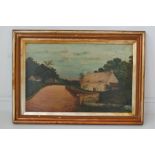 19th C. or Earlier Rural Scene of Cottages, Bridge and River, Oil on Canvas