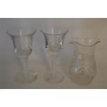 Two Heavy Wine Glasses With Air Twist Stems Together with a 19th C. Engraved Water Carafe