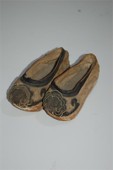 Pair Chinese Womens / Childs Embroidered Silk Lotus Shoes on Worked Leather / Wooden Soles