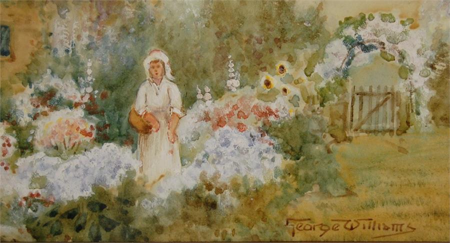 George WILLIAMS, Signed, 19th C Pair of Cottage Garden Scenes with Summer Flowers and Figures - Image 2 of 5