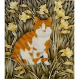 Helen MARK, Gouache of a Ginger Cat Surrounded by Daffodils