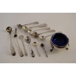 Collection of 19th C / 20th C Silver Hallmarked Mustard & Salt Spoons + One Silver Salt