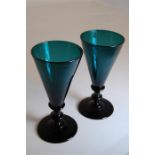 Pair of Fine Georgian Wine Glasses, Bristol Green Hand-Blown Trumpet Bowl Turned Stem, Circa 1790