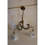 Art Nouveau 3 Branch Brass Chandelier With 3 Milk Glass Shades With Hand Painted Flowers C.1900