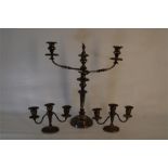 Large 19th C Silver Plate Three Branch Candelabra together with Another Smaller Pair