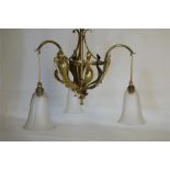 Art Nouveau Three Branch Brass Chandelier With Three Etched Glass Shades C. 1900