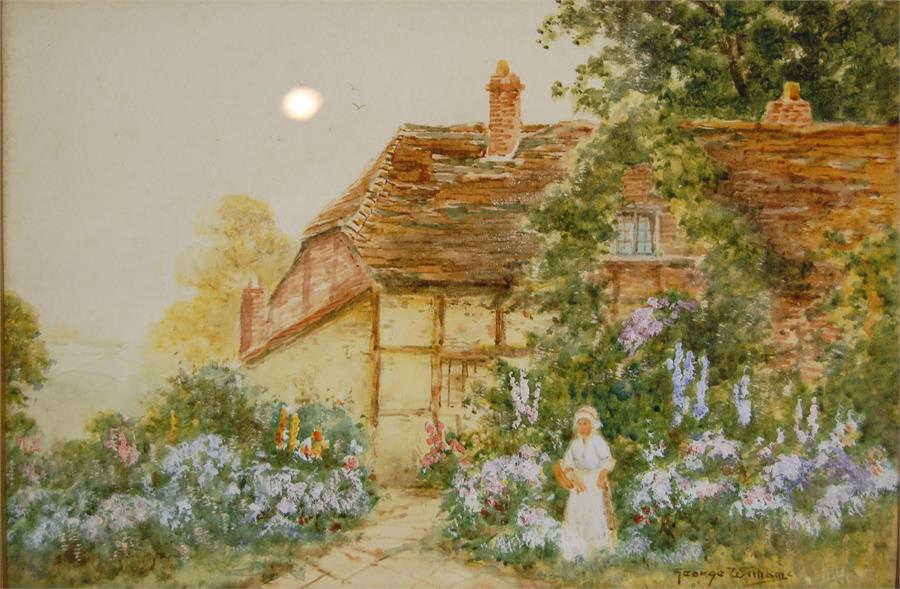 George WILLIAMS, Signed, 19th C Pair of Cottage Garden Scenes with Summer Flowers and Figures - Image 3 of 5